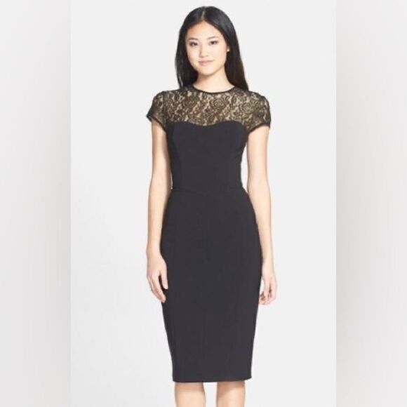 Maggy London Black Stretch Crepe Gold Lace Illusion Dress, Black, Size 8, NWT - Picture 15 of 17